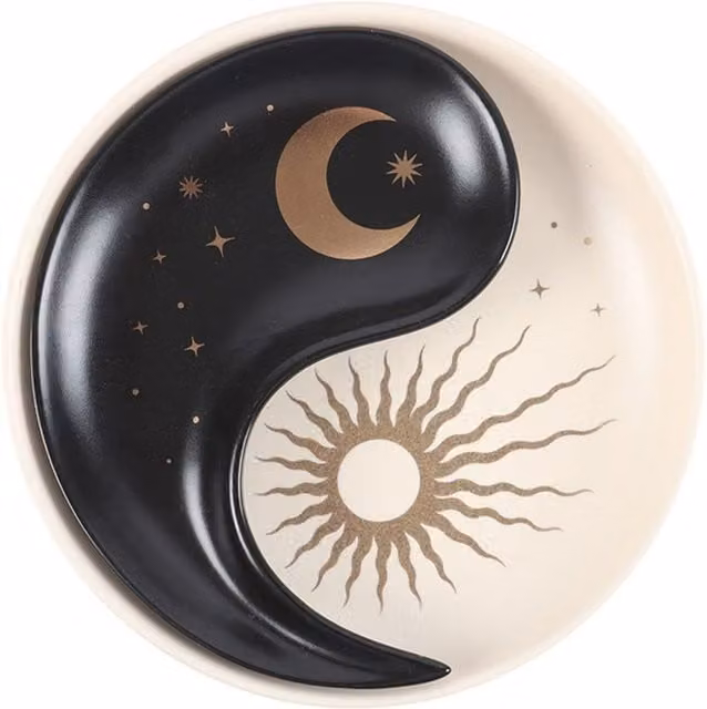 KDMK Yin Yang Harmony Stacking Trinket Dish Set, Gold, Yellow and Black Ceramic Round Oriental Abstract Bowls