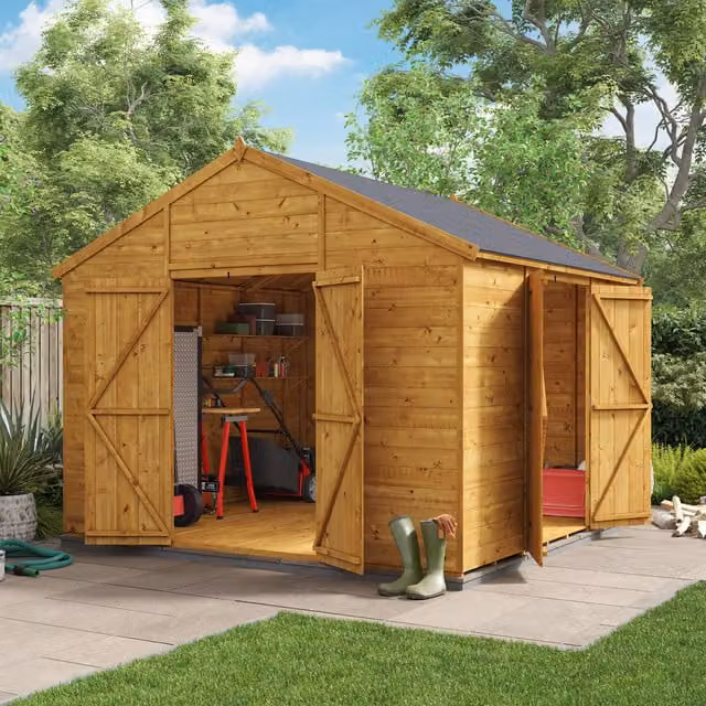 BillyOh Rustic Brown Wooden Apex Workshop with Dual Entrance and Floor, W/D/H: 304.8 x 275.8 x 213.4 cm