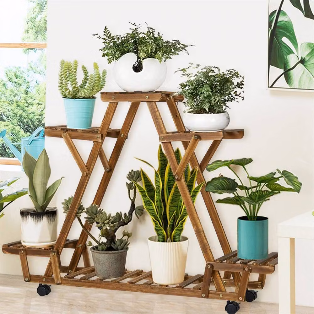 Kelvenix Stable A-frame Design Plant Stand with Wheels in Brown Pine Wood, H 91.0 x W 81.0 x D 32.66 cm – 2