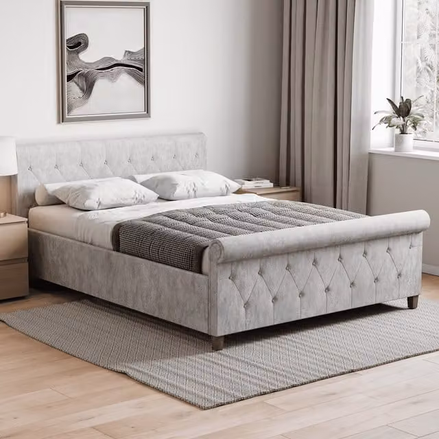 Vida Designs Vittorio Modern Upholstered Fabric Bed Frame in Silver Velvet, W: 140 cm, L: 200 cm