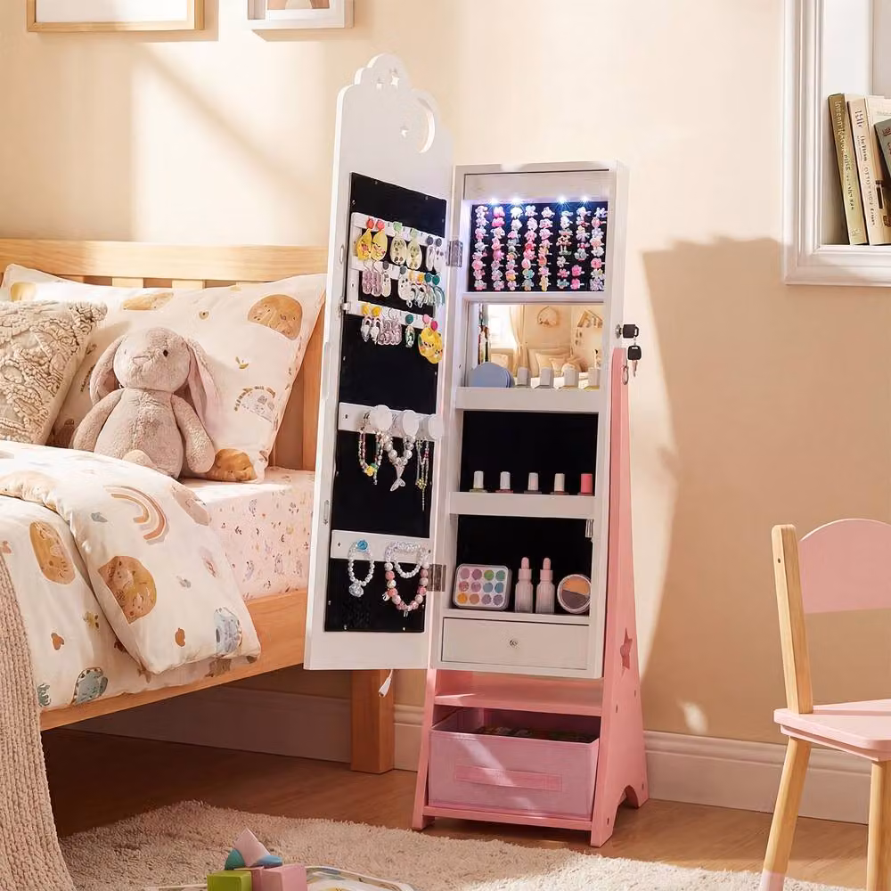 Costway Kids Jewelry Cabinet with LED Lighting and Full-Length Mirror in White – 2