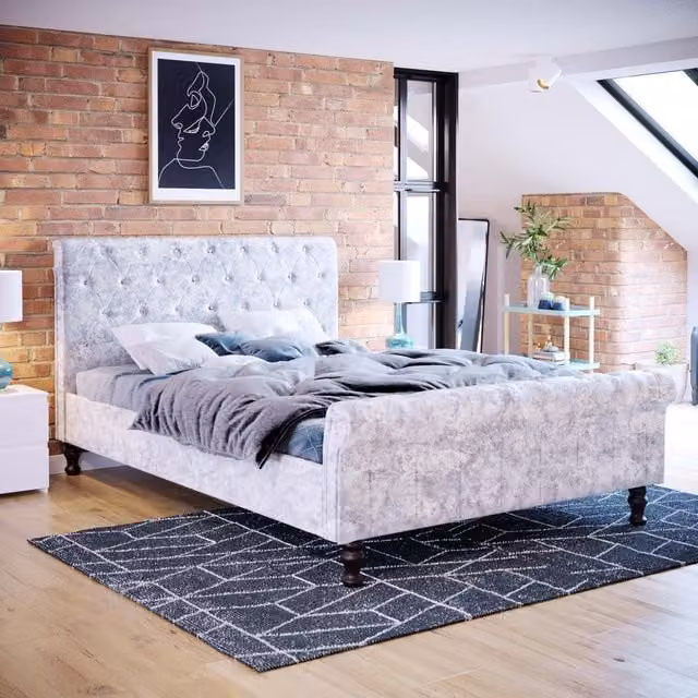 Vida Designs Violetta Upholstered Fabric Bed in Silver Grey Crushed Velvet