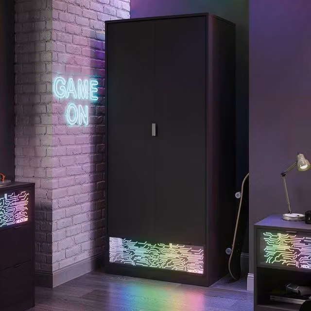 X Rocker NeoNite 2 Door Wardrobe with Drawer and Integrated LED Lighting, Black