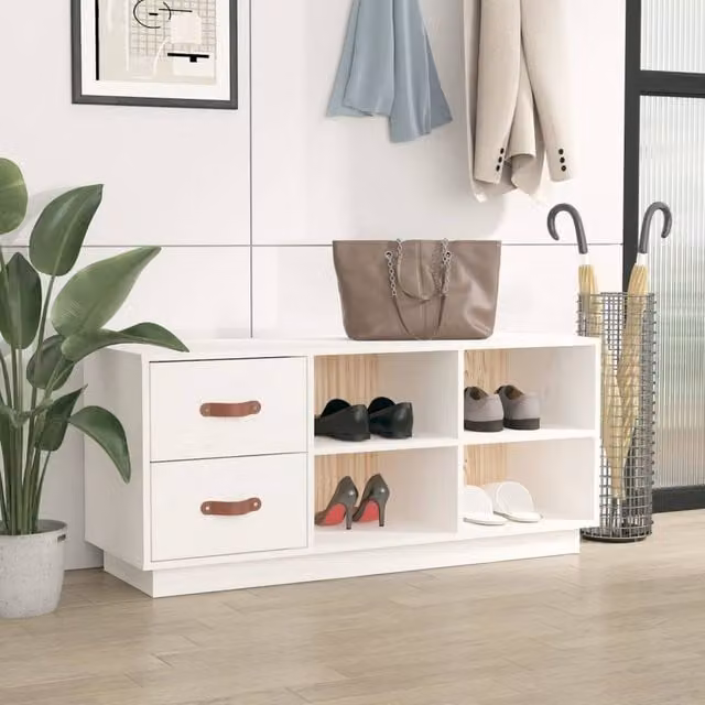 Berkfield Home White Solid Wood Pine Shoe Bench, W/D/H: 100 x 34 x 45 cm
