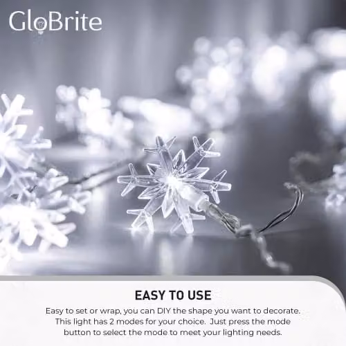 Globrite Warm White Snowflake LED String Lights with 40 LEDs and 2 Modes – 5