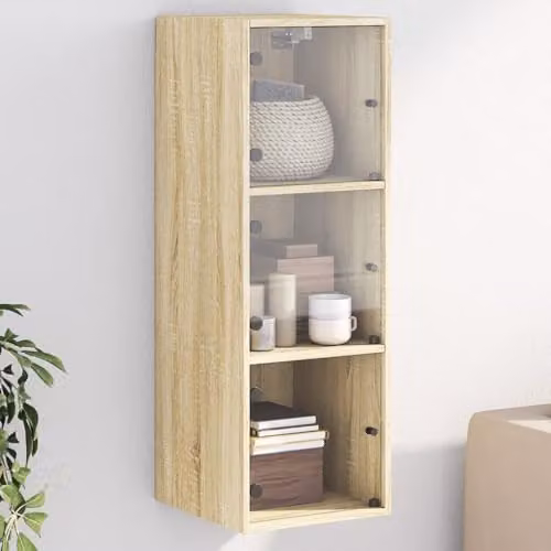 vidaXL Wall Cabinet with Glass Doors, Brown, W/D/H: 35 x 37 x 100 cm