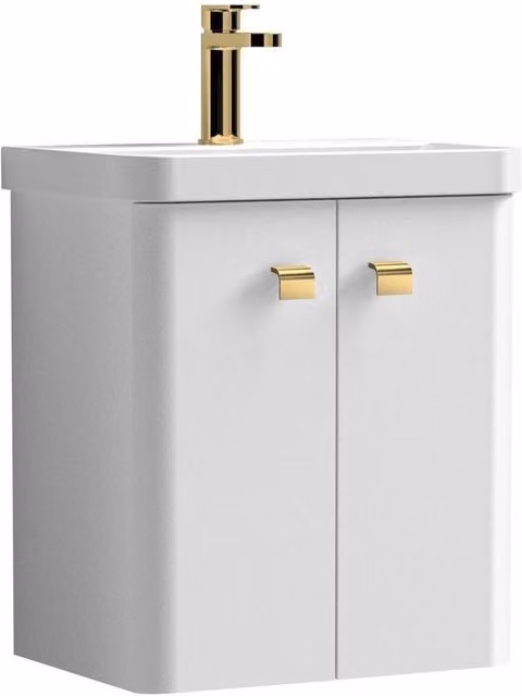 Nuie Core Wall Hung 2-Door Vanity Unit and Sink in White and Gold