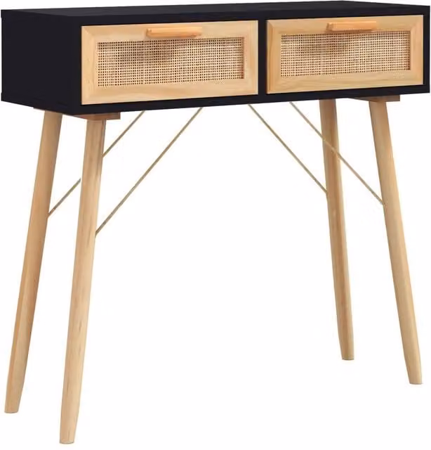 Berkfield Home Black Console Table in Solid Pine and Natural Rattan, W/D/H: 80 x 30 x 75 cm – 1