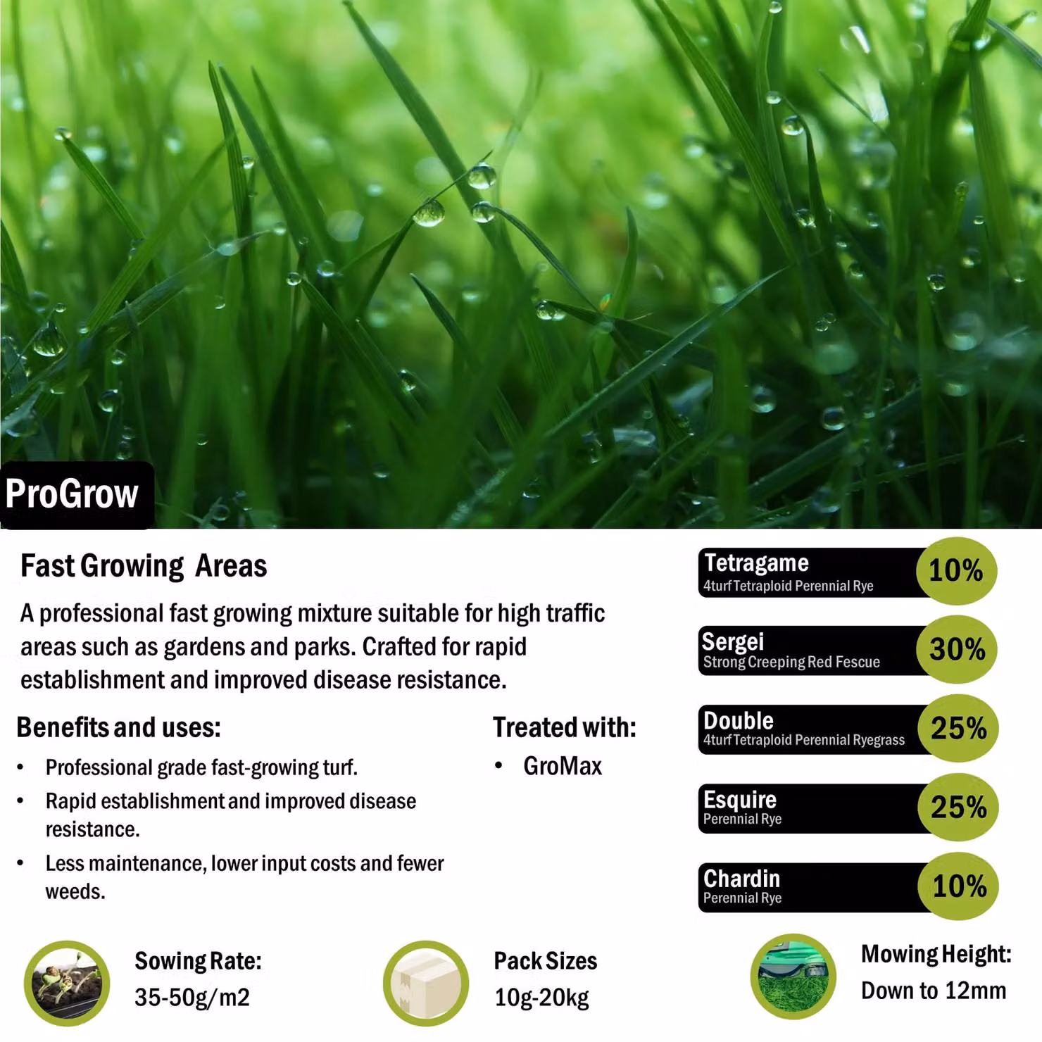 Pegdev ProGrow Fast-Growing High Density Disease Resistant and Drought Tolerant Lawn Seed, 1.5kg – 2