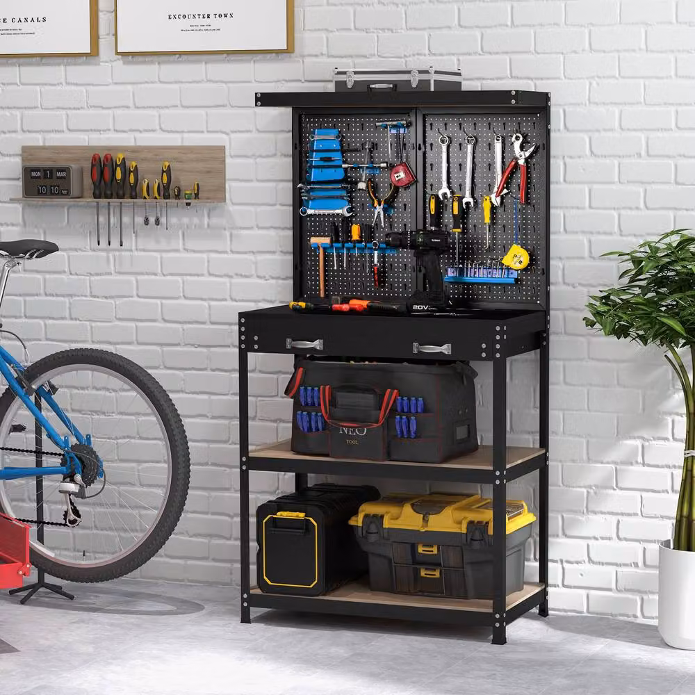 Costway Metal Tool Storage Workbench with Pegboard in Black and Multicolour, W: 156 cm, D: 120 cm, H: 41 cm – 2