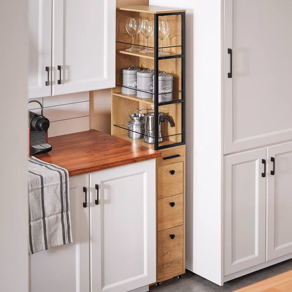 SoBuy Narrow Tall Storage Cabinet with Drawers and Wheels in Light Oak – 5