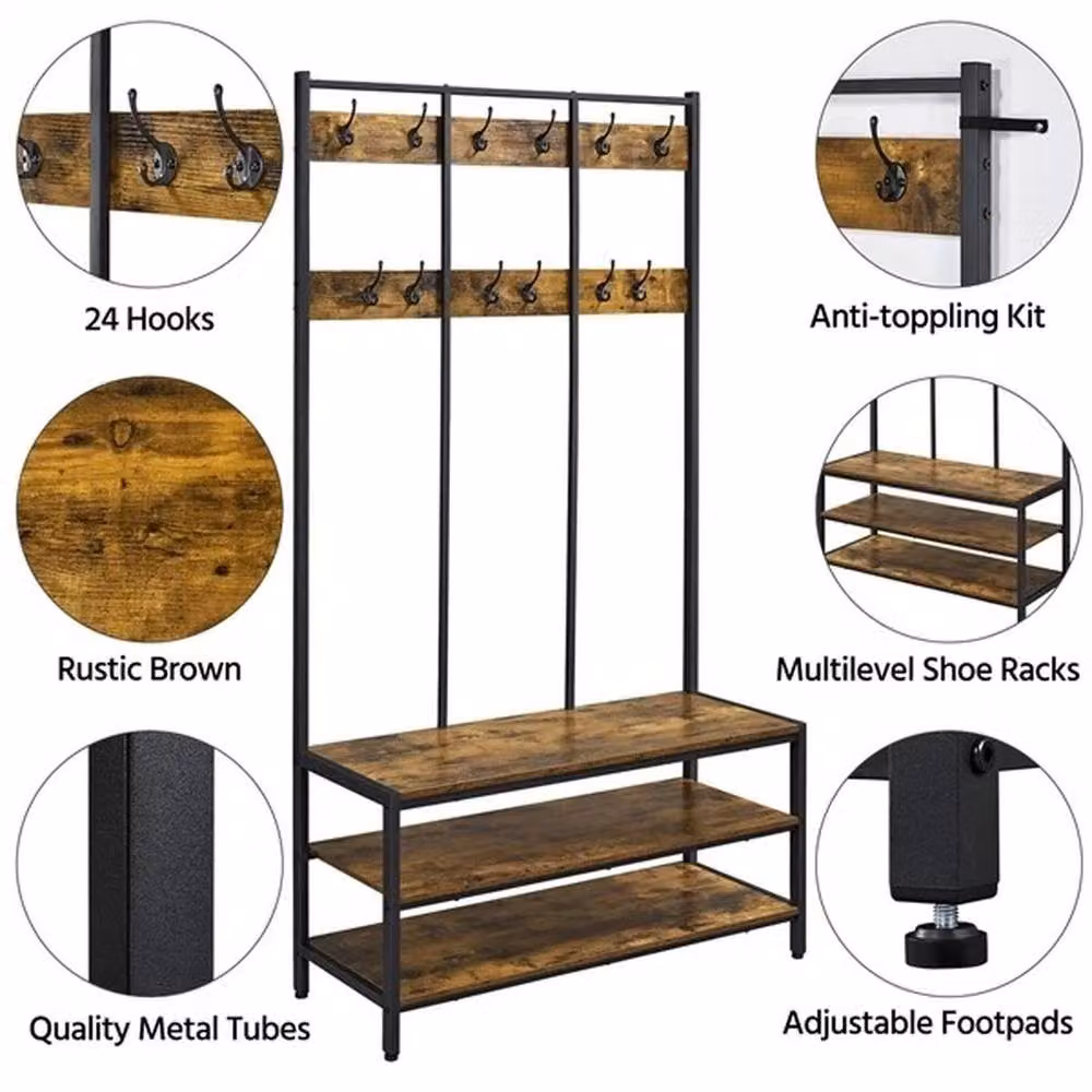 EONLION Industrial Metal and MDF Hall Tree with Shoe Bench and Hooks in Brown and Black – 4
