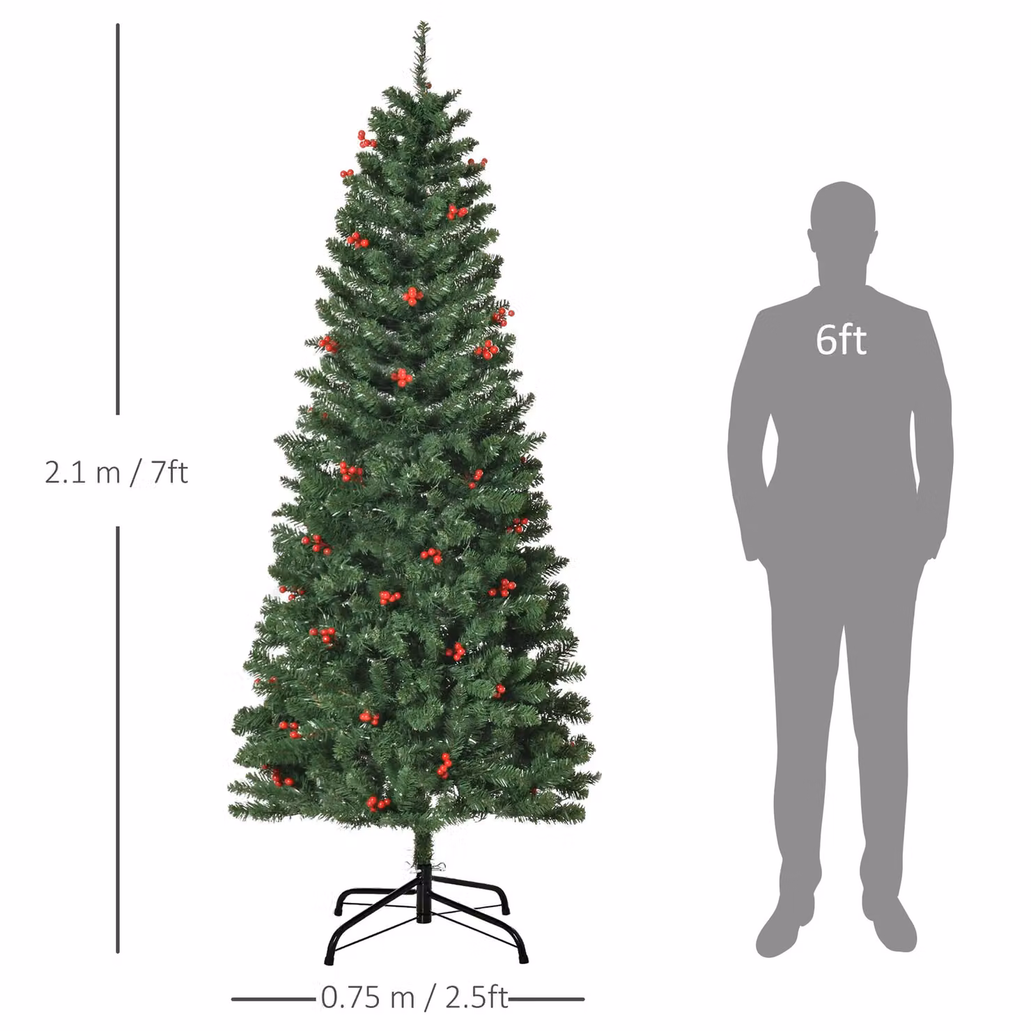 HOMCOM 7ft Artificial Pencil Christmas Tree with Warm White LED Lights and Red Berry Decor in Green – 3