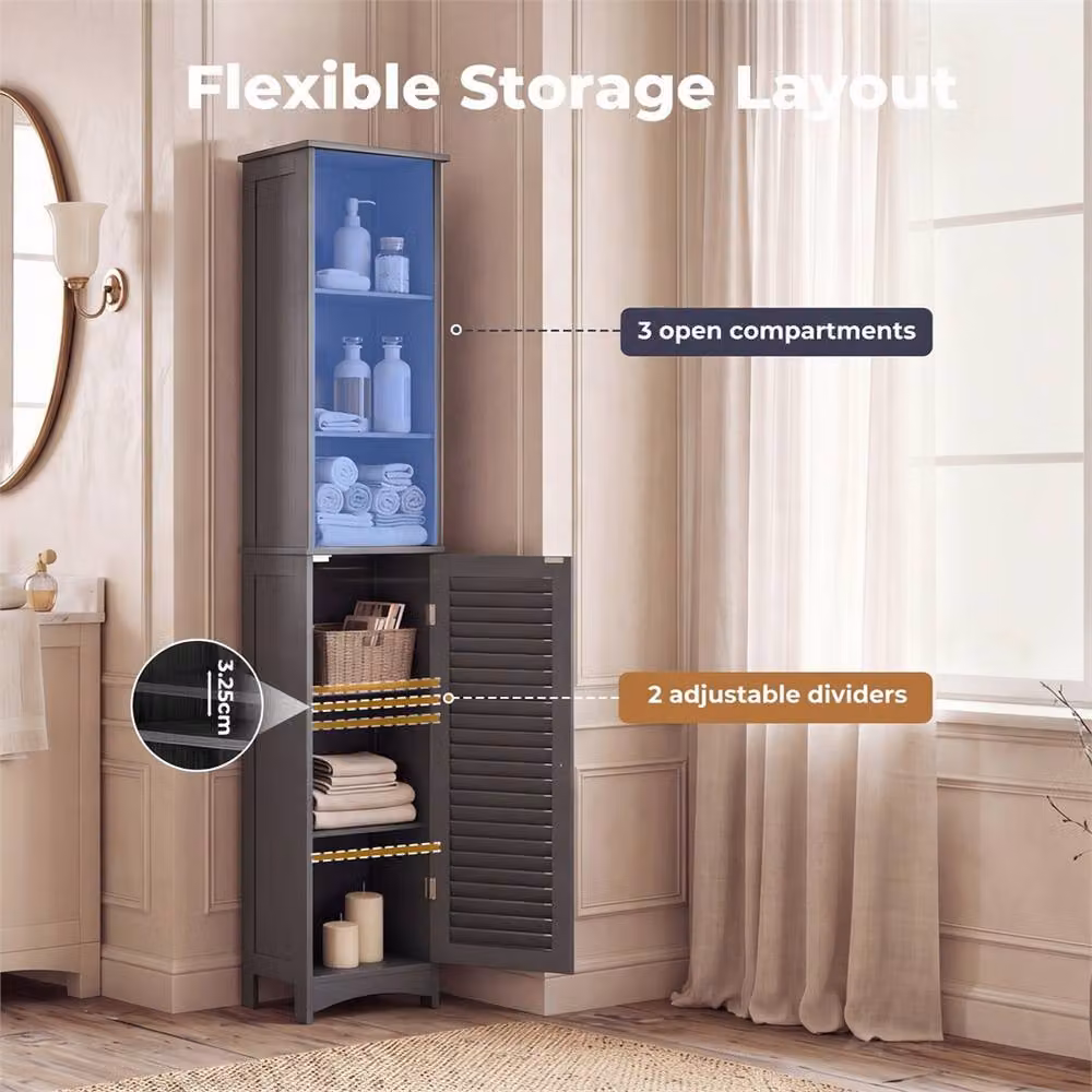 Nordara Grey Tall Freestanding Modern Bathroom Storage Cabinet with Internal Shelves and Hinged Doors – 4