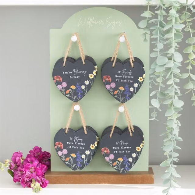 KDMK Set of 24 Wildflower Heart Slate Tabletop Signs in Anthracite and Black