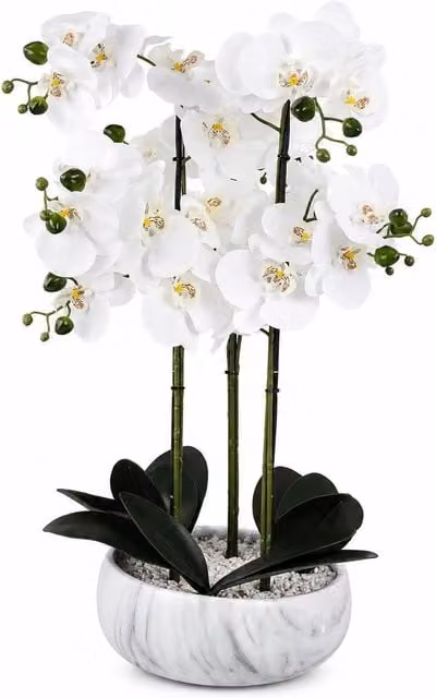 Leaf White Marble Effect Ceramic Orchid Artificial Planter in Green, Height: 60 cm