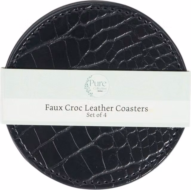 Pure Collection Set of 4 Round Faux Croc Leather Coasters in Black