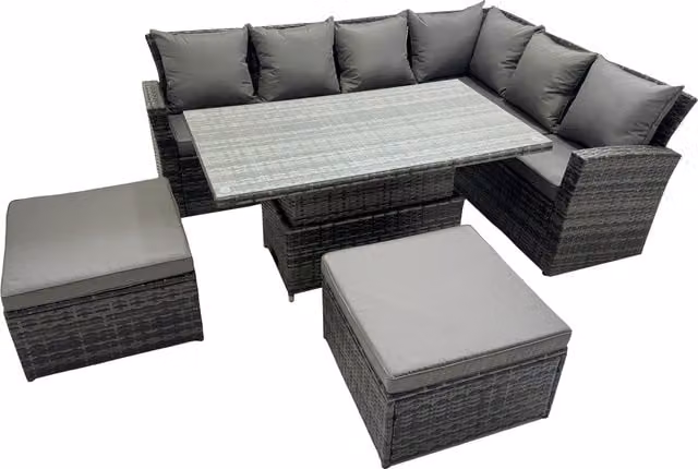 Fimous 8 Seat Rattan Garden Furniture Corner Sofa Set in Dark Grey with 2 Ottomans and Coffee Table