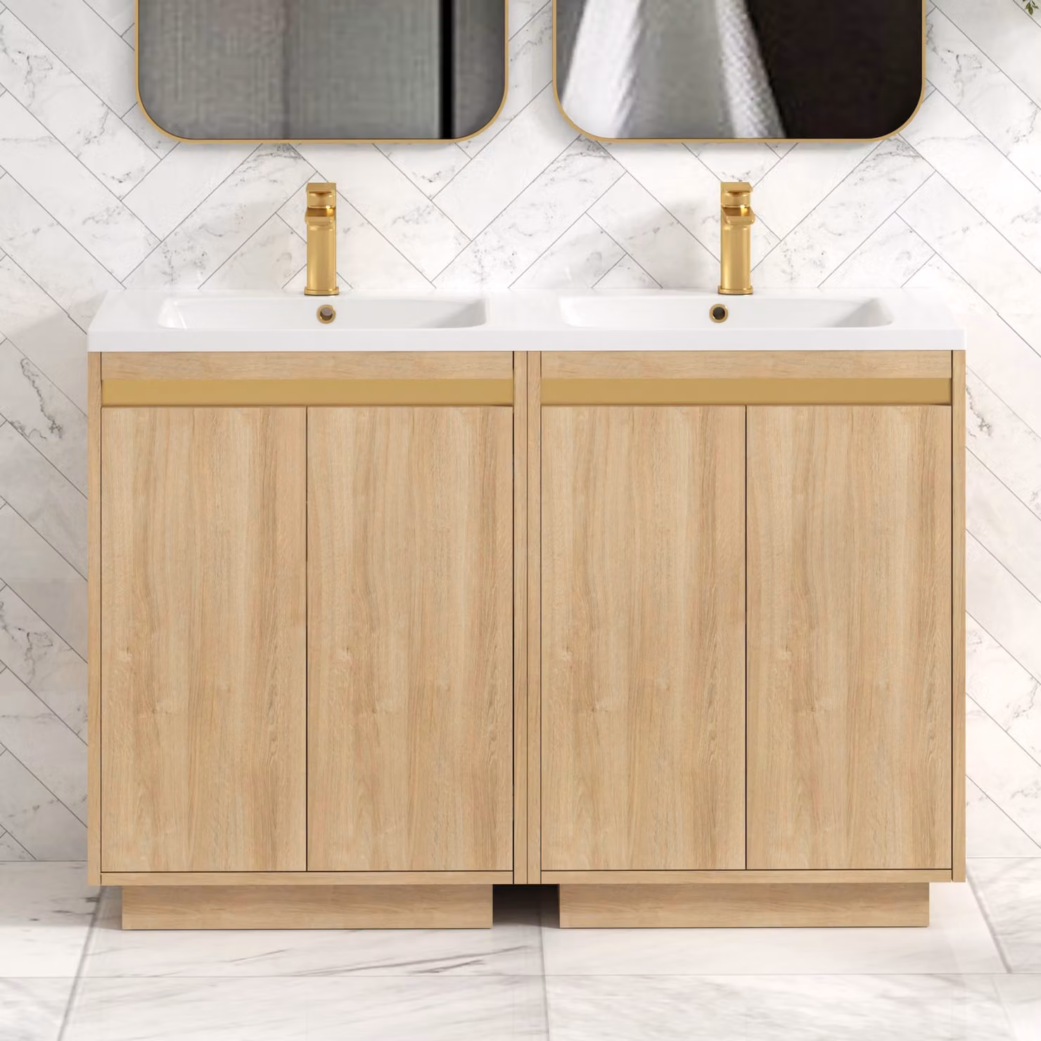 Royal Bathrooms Orion 1200 Natural Oak 4 Door Floor Standing Vanity Unit with Ceramic Basin and Brushed Brass Accent Trim