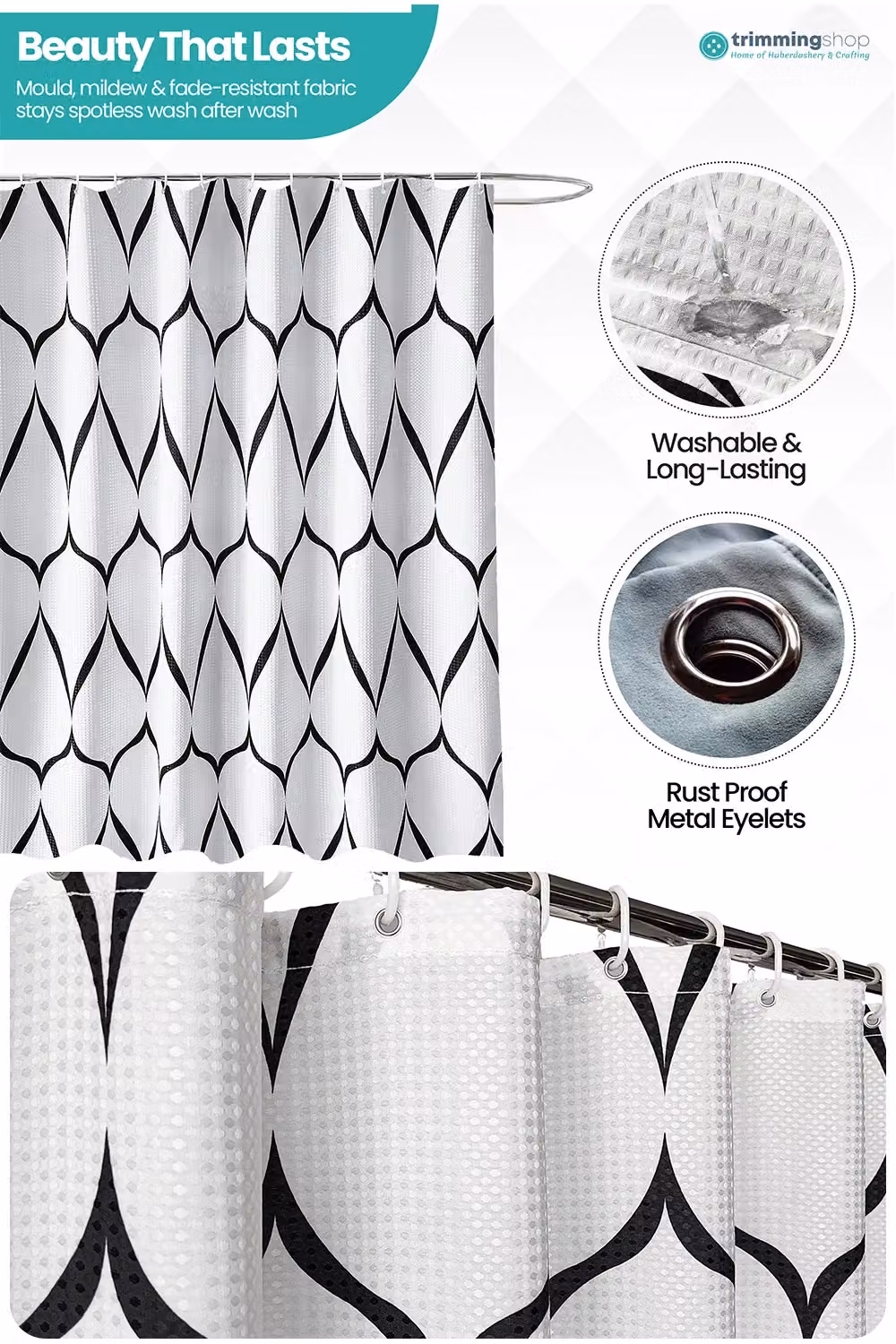 Neel Blue White Lattice Design Waterproof Polyester Bathroom Shower Curtain with Hooks, W: 180 cm, H: 200 cm – 3
