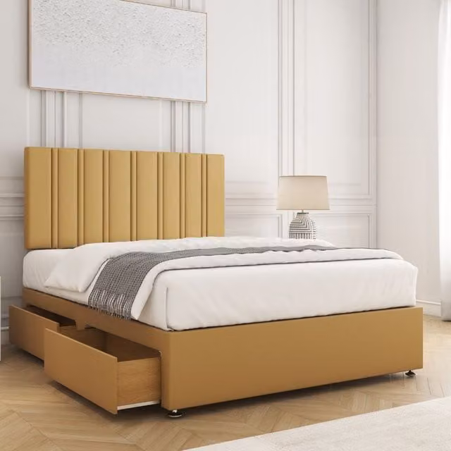 BSSPOKE Sienna King Size Divan Bed Set in Mustard Velvet with 24 inch Headboard, 2 Drawers, Footend and Mattress