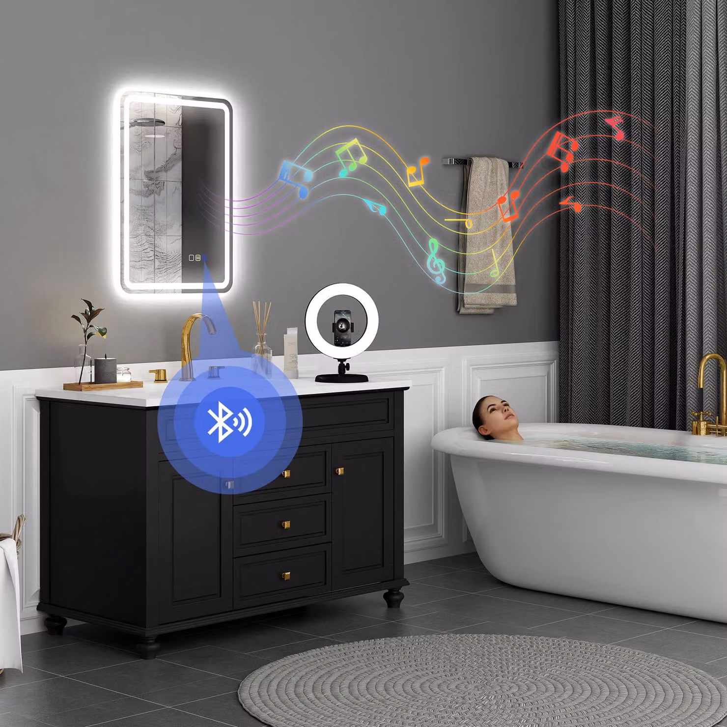 HOMCOM Bluetooth LED Bathroom Mirror with Anti-Fog, Silver Tone, W: 50 cm, H: 70 cm – 2