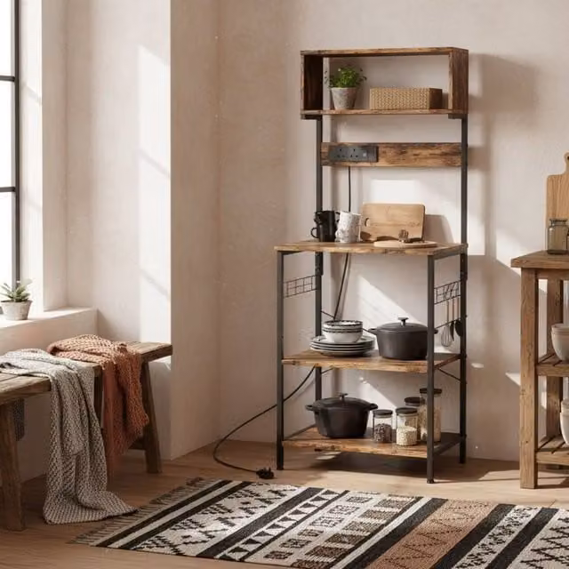 Wyld Haus Rustic Brown Industrial Bakers Rack with Adjustable Shelves and Power Outlets, W/D/H: 42 x 42 x 153 cm – 1