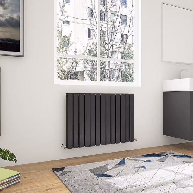 AicaBathroom Horizontal Flat Panel Steel Radiator in Black, Width: 88.4 cm