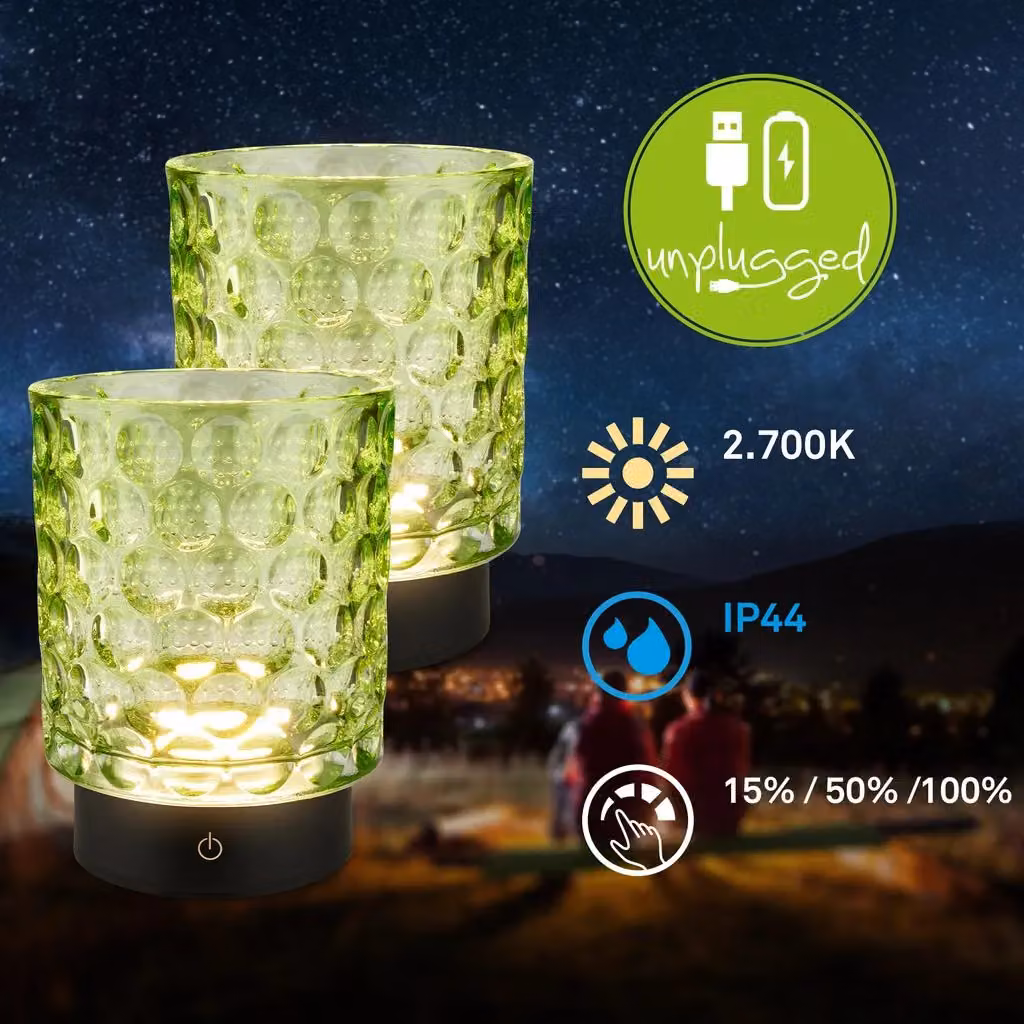 BRILONER 2 Pack Green Rechargeable Touch Glass LED Table Lamps, H 15 x W 15 x D 11 cm – 2