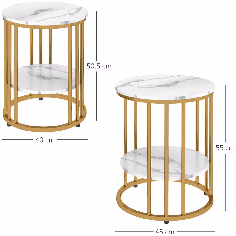 Kelvenix Set of 2 Round Marble-Effect Coffee Tables in Gold and White – 2