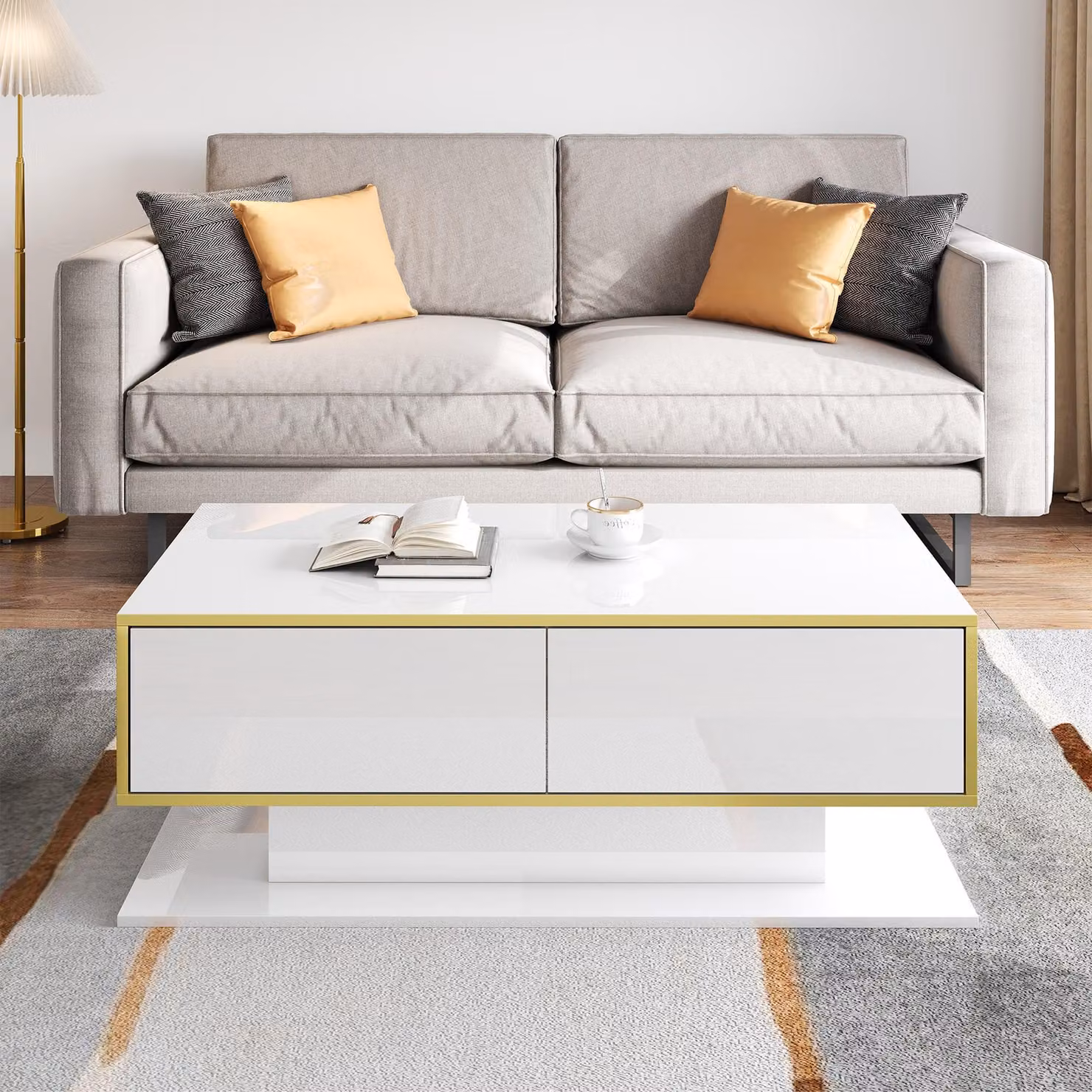 Aosom UK Modern LED Coffee Table with High-Gloss White Finish and Gold Accents, featuring Storage Drawers, W: 100 cm, D: 50 cm, H: 40 cm – 4