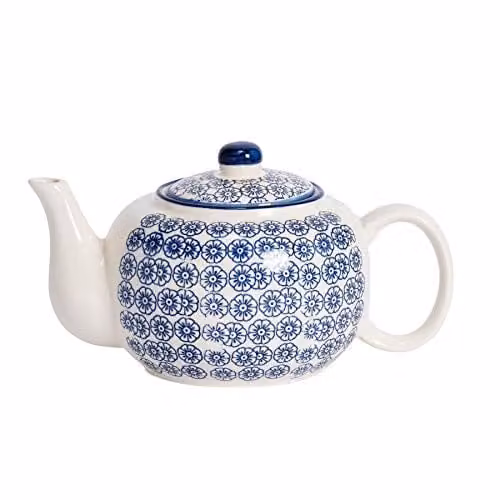 Nicola Spring Hand-Printed Porcelain Teapot with Lid, Floral Pattern, Blue, 820ml – 1