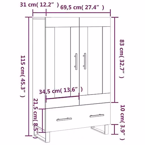 vidaXL Modern Grey Highboard in MDF with Hinged Doors and Drawers, W/D/H: 69.5 x 31 x 115 cm – 3