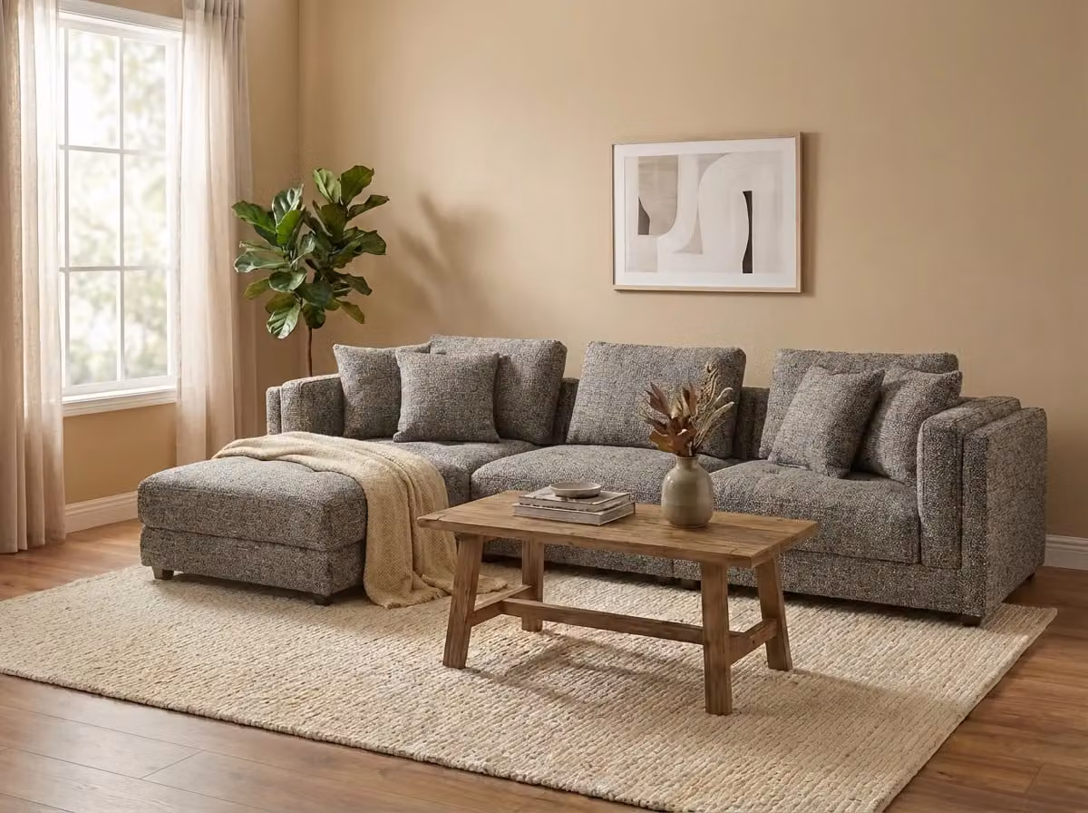 Araco Atelier Ollie 3 Seater Upholstered Fabric Sofa in Beige and Grey