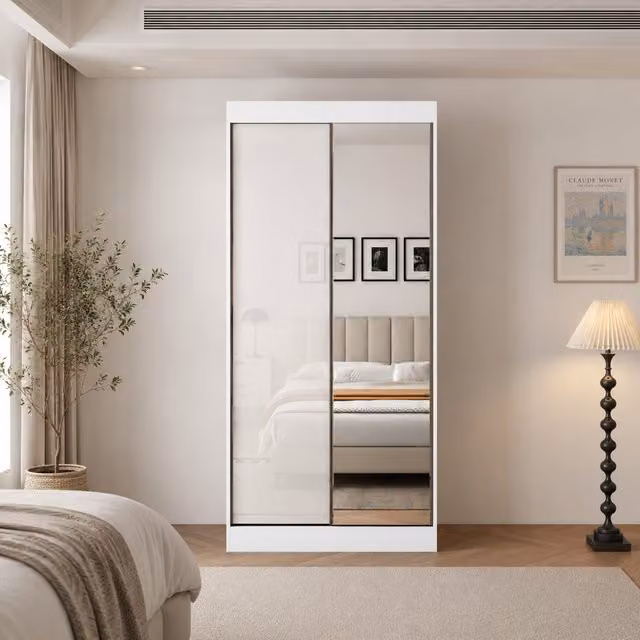 KDMD Pacific 100cm Gloss White Sliding Door Wardrobe with Mirror