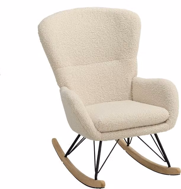 White Bouclé Fabric Scandinavian Lounge Rocking Chair with Armrests and Wooden Runners