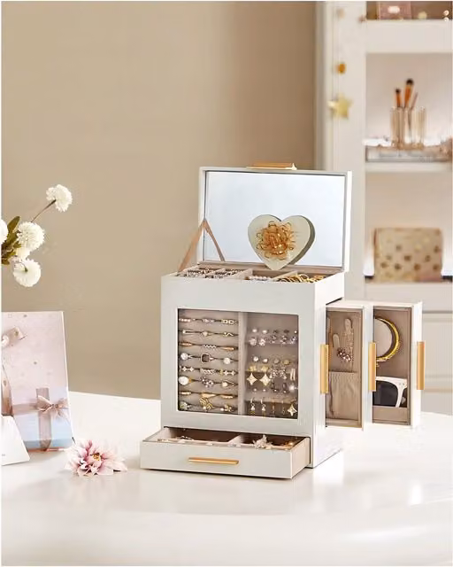 SONGMICS 5-Layer Jewellery Box with Glass Window and Mirror, White