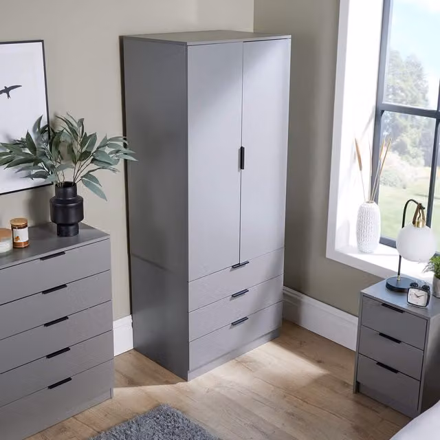 Home Source Phoenix Grey 2 Door 3 Drawer Wardrobe Storage Unit