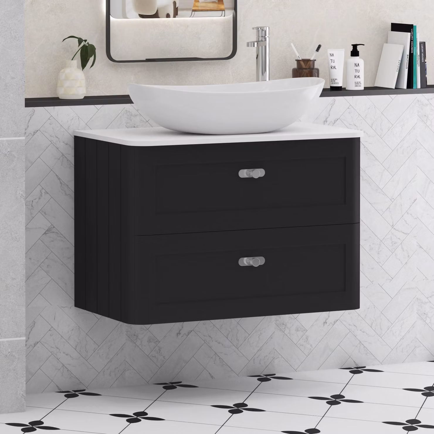 Royal Bathrooms Henley 800mm Wall Hung Vanity Unit in Matt Nocturne Black with 2 Drawers, Plain White Worktop, Cesar Basin and Chrome Knob
