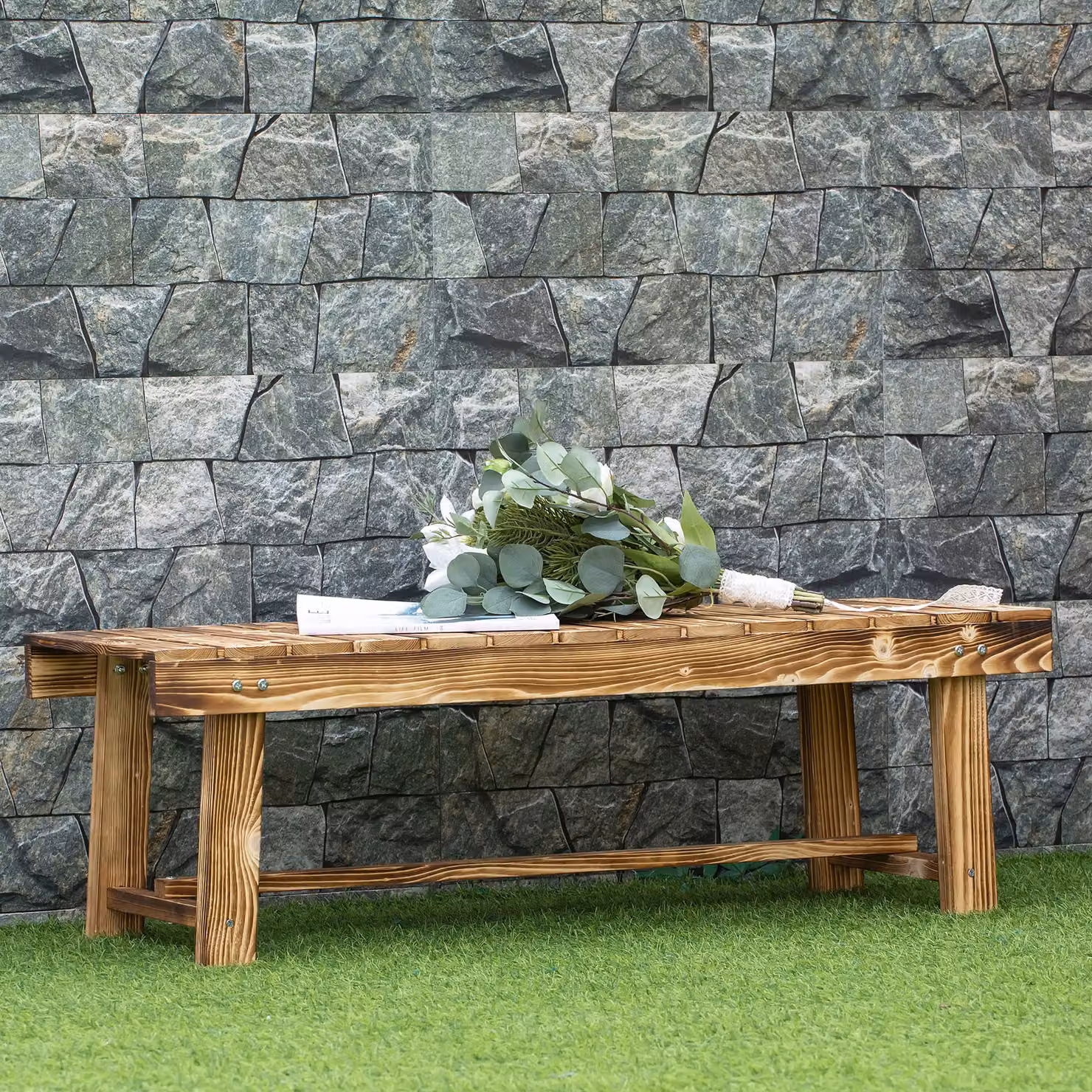 Outsunny Set of 5 Carbonised Fir Wood 2-Seater Garden Benches in Brown, W/D/H: 110 x 38 x 35 cm – 2