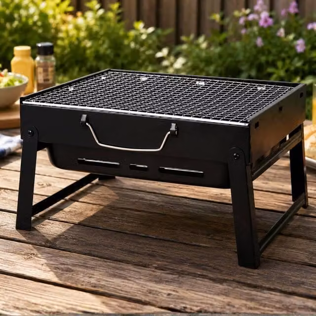 Marco Paul Portable Tabletop Camping BBQ Grill in Black with Cast Iron Charcoal Grate, W/D/H: 35.0 x 27.0 x 19.0 cm