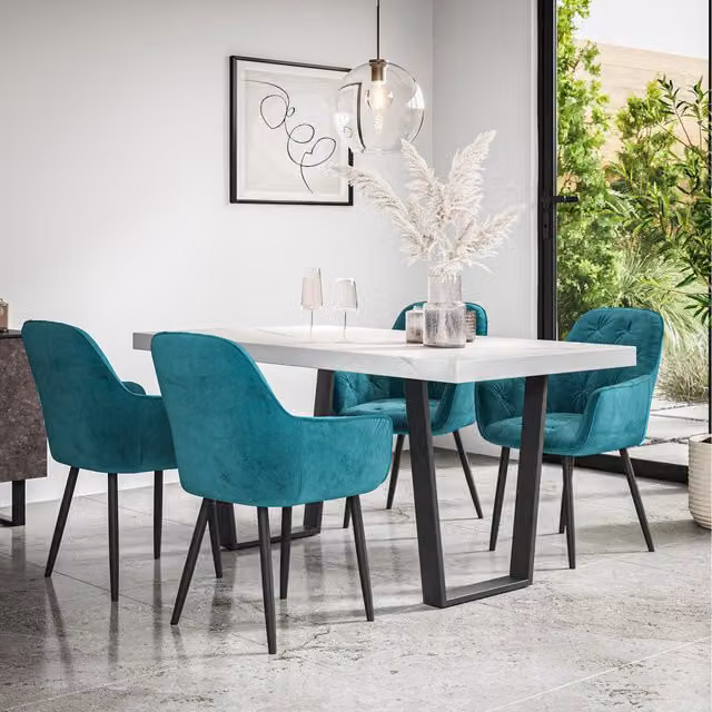 More4Homes Aria Marble Effect Dining Table and 4 Blue Anika Velvet Chairs