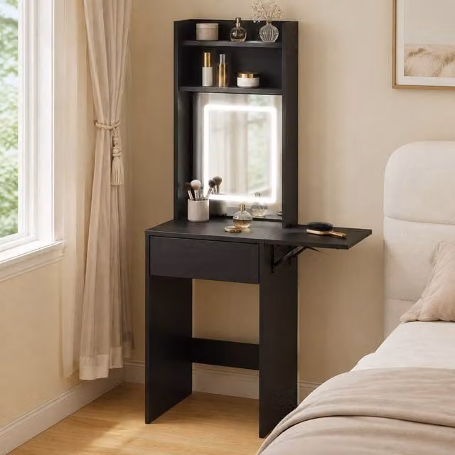 STILVORA Modern Black Dressing Table with LED Mirror, Drop Leaf and Drawer