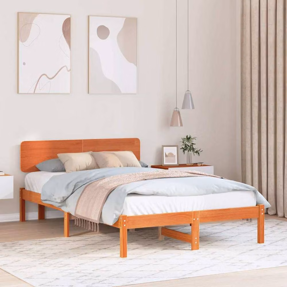 Berkfield Home Solid Pine Wood Bed Frame with Headboard in Wax Brown, W/D/H: 140 x 190 cm – 2