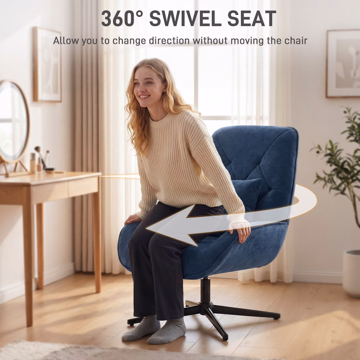 HOMCOM Blue Chenille Upholstered Swivel Accent Chair with Armrests and Metal Legs – 5