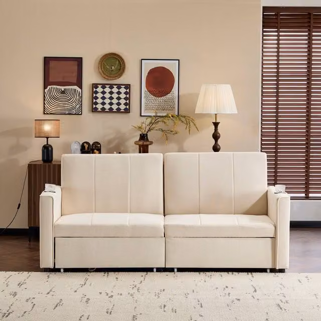 Tokpiedi King Size Convertible Sofa Bed in Beige with Side Storage and Pull Out Drawer – 1