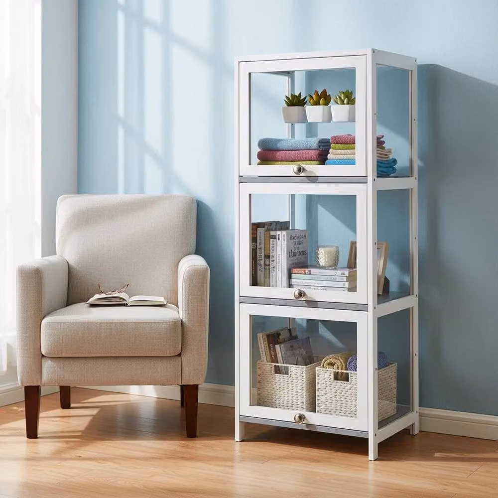 KORVIXA 3-Tier Bamboo Display Case Storage Cabinet with Glass Doors in White – 3