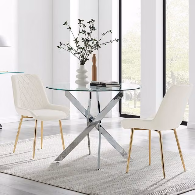 FurnitureboxUK Novara Round Glass Kitchen Dining Table and 2 Pesaro Gold Leg Chairs in Cream and Gold