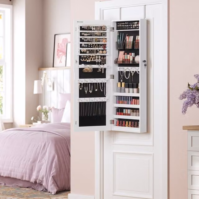 SONGMICS White Modern MDF Wall or Door Mounted Jewellery Storage Organiser, H: 39.0 cm, W: 9.0 cm