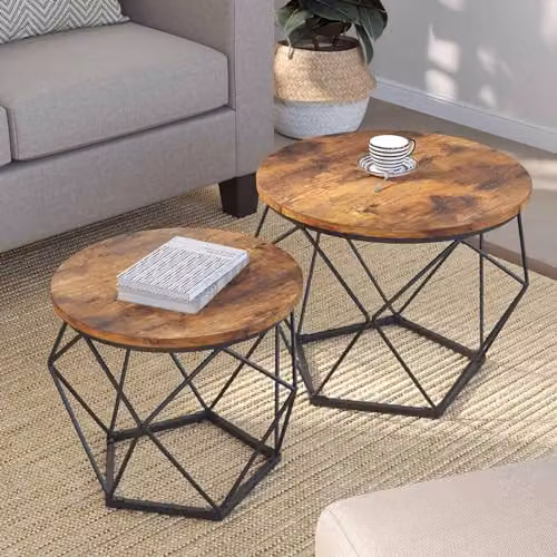 Hygrad Set of 2 Round Industrial Nesting Side Tables in Brown and Black – 3